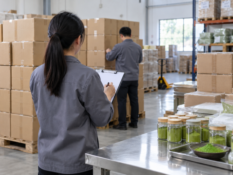 Matcha powder inventory and cartons in a supply warehouse