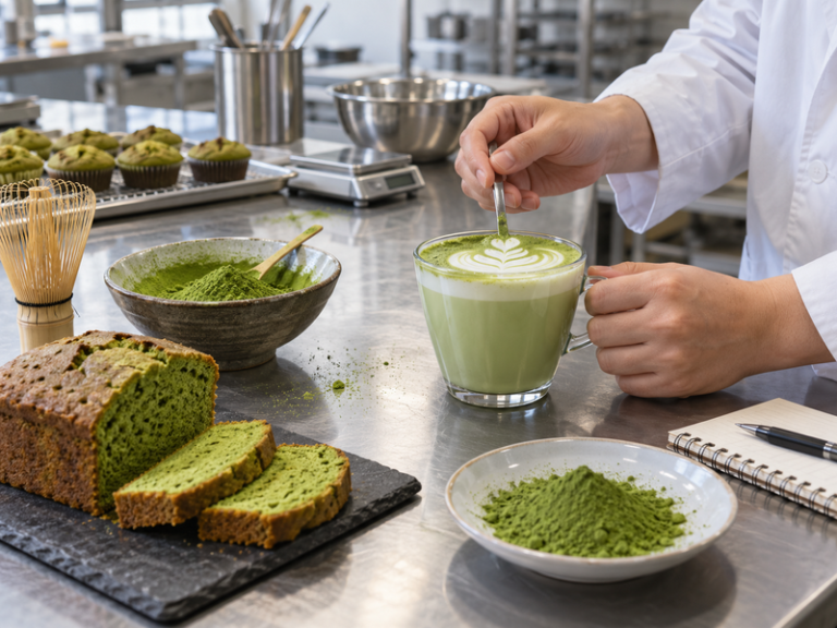 Matcha powder and finished food samples for supplier review