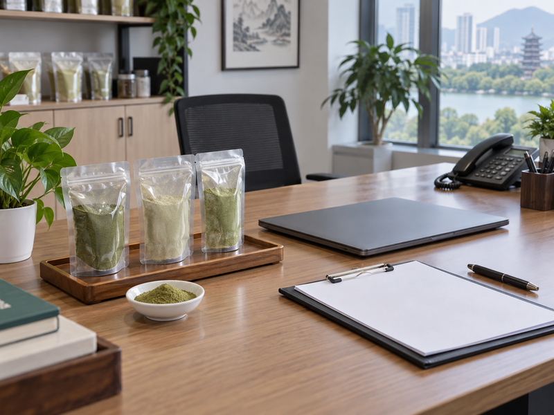 Vietnam matcha product identity documents with sealed powder samples