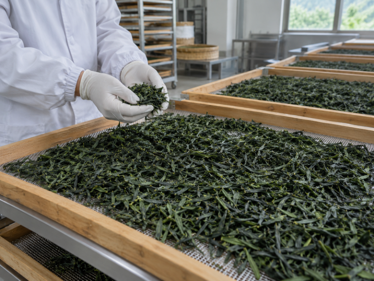 Gloved worker inspecting tencha leaves before matcha milling