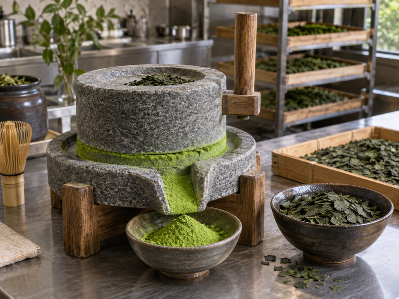 Tencha leaves cooling after controlled drying before sorting