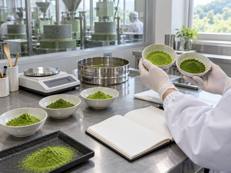 Green matcha powder samples undergoing quality checks