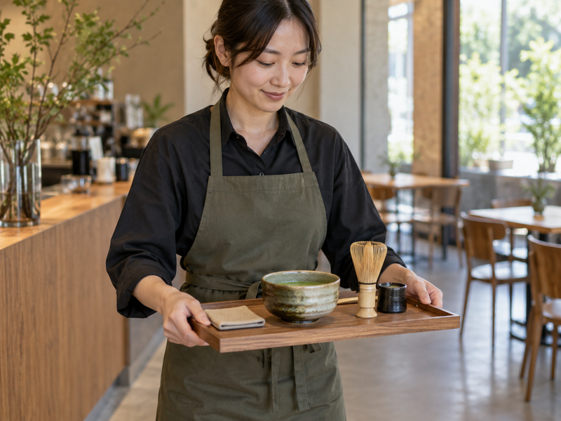 Matcha Tray: Café staff carrying a wooden matcha tray with stable bowl and whisk, showing clean handholds and balanced service setup