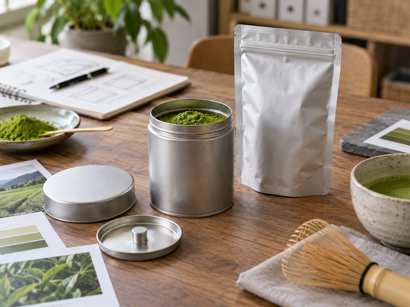 Matcha Storage Tin: Metal tin beside matcha powder packaging