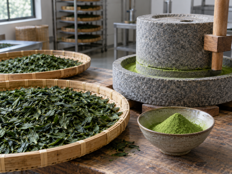 Tea leaves and powder beside a traditional stone mill