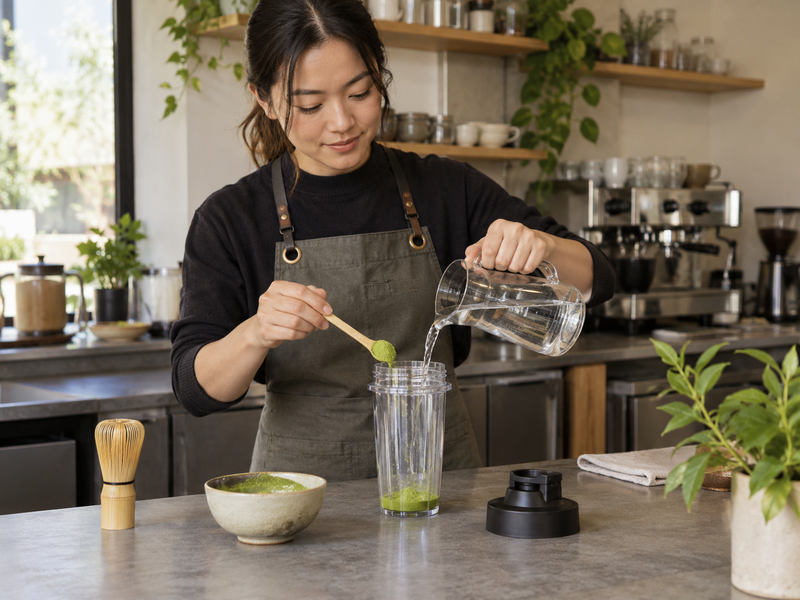 Matcha Shaker Bottle: Barista filling a clear matcha shaker bottle with measured matcha and cold water in the correct order at a café station