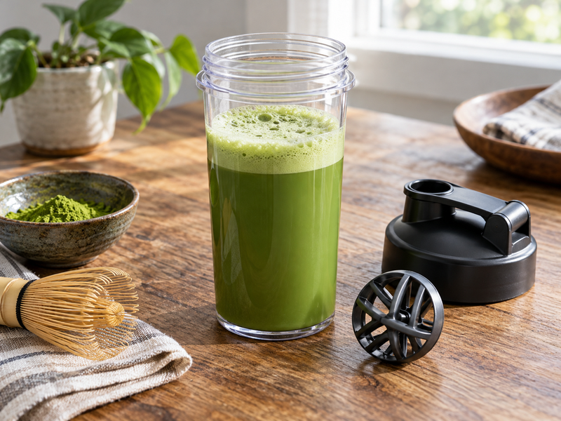 Matcha Shaker Bottle: Clear matcha shaker bottle just opened after mixing, smooth vivid green drink and fine foam visible, lid and mixing insert nearby