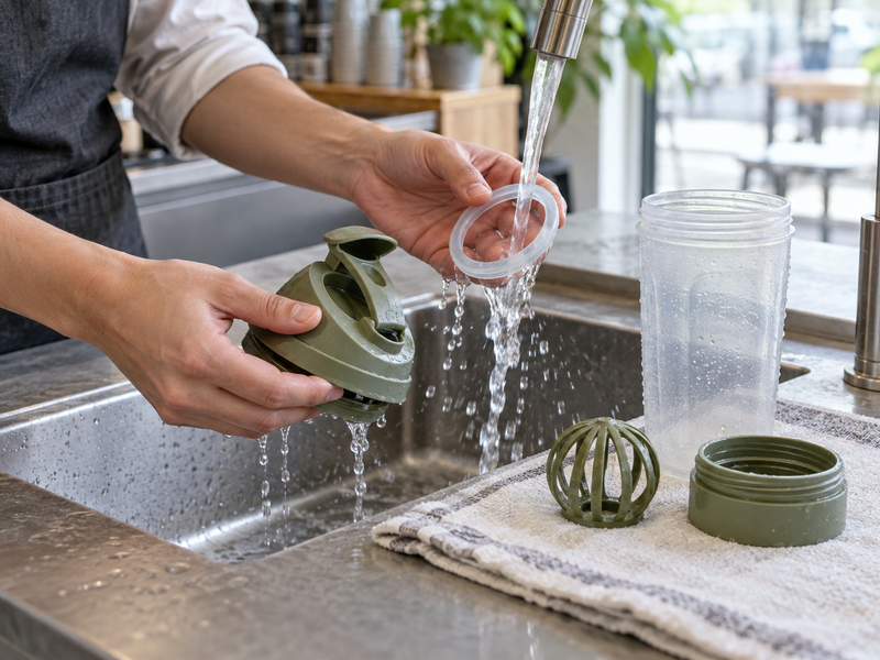Matcha Shaker Bottle: Hands rinsing separate components of a matcha shaker bottle, including lid gasket and mixing insert at a clean café sink