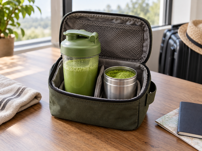 Matcha Shaker Bottle: Sealed matcha shaker bottle and powder tin packed upright in a compact travel pouch, practical leak control