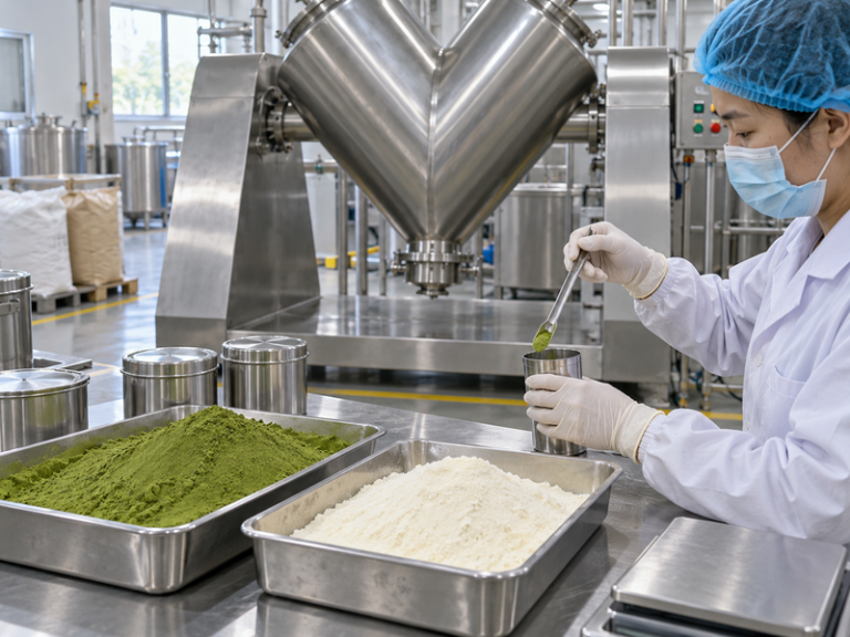 Technician sampling matcha tea mix from a powder blender