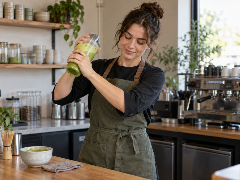 How To Use A Matcha Shaker: Café barista firmly shaking a sealed clear matcha shaker bottle at chest height, contents visible, no spilling