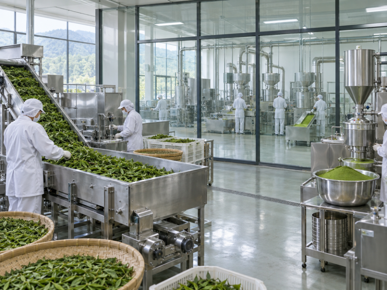 Wide view of a clean matcha powder manufacturing plant