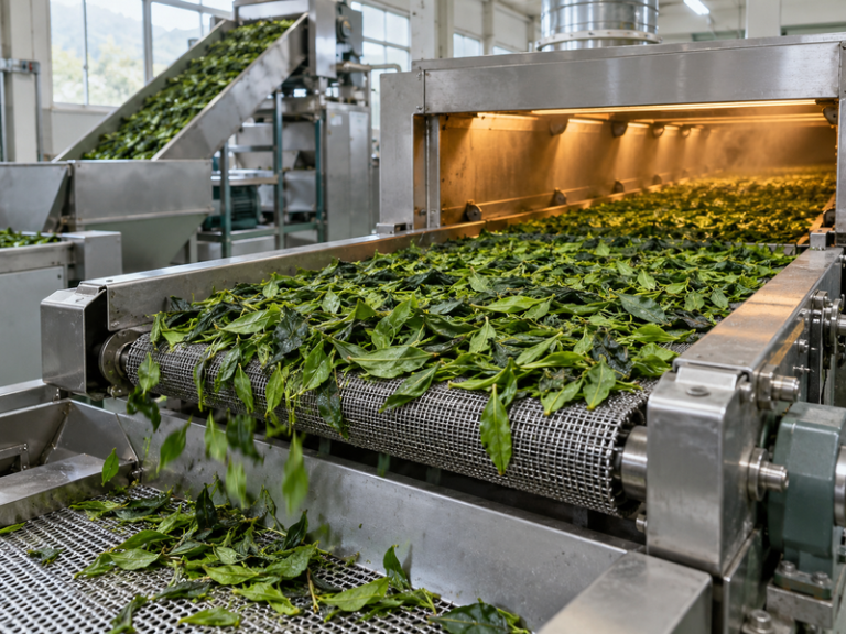Tencha leaves moving through a drying and sorting line