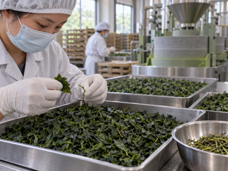 Technician inspecting tencha leaves before matcha grinding