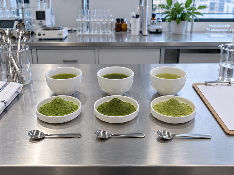 Three best bulk matcha powder candidates arranged for blind tasting with prepared cups in a beverage laboratory