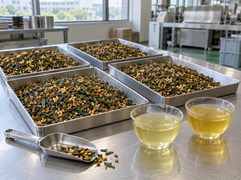 Best genmaicha tea samples and brewed cups on a factory evaluation table