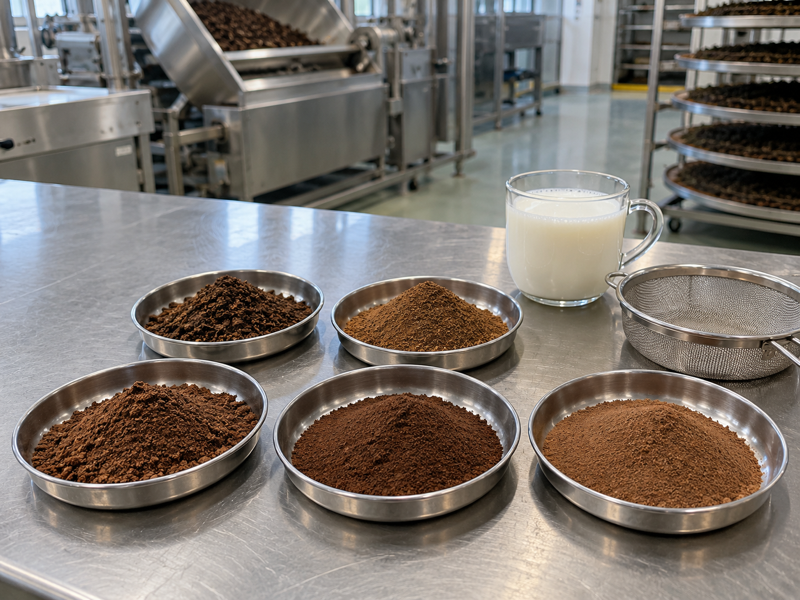 Best hojicha powder samples inspected on a modern tea factory bench
