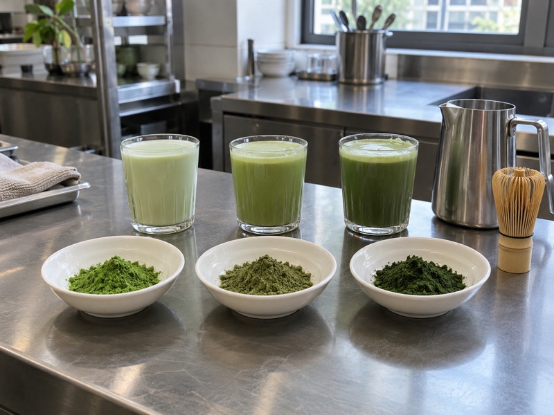 Matcha and latte candidate samples in a mainland China beverage R&D kitchen