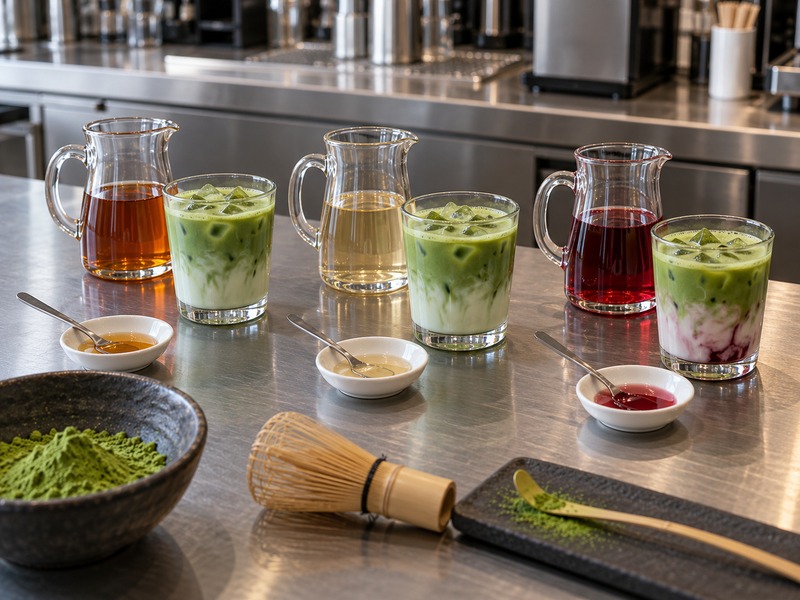Best syrup for matcha latte tasting with measured syrup samples at a mainland China café bar