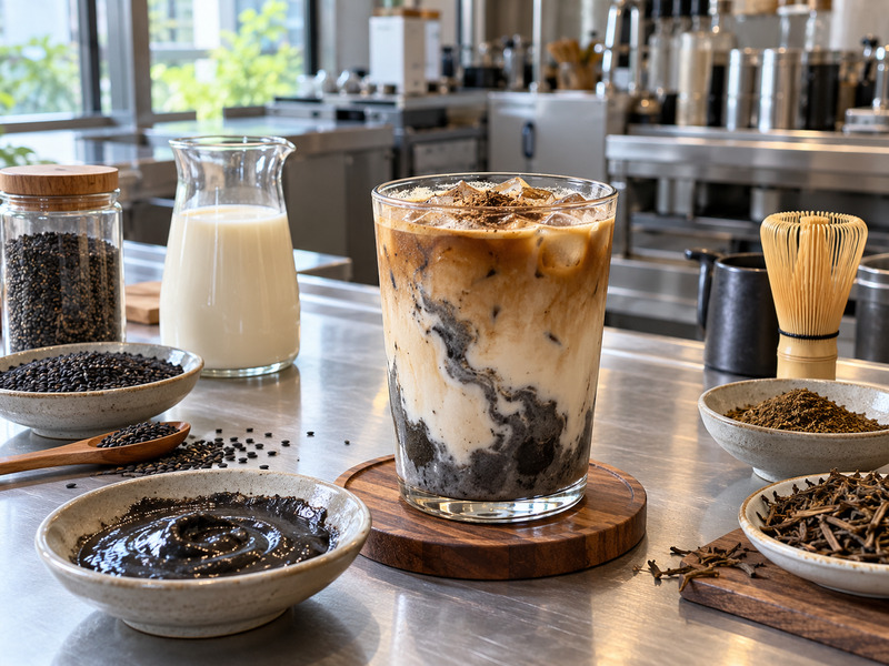 Black sesame hojicha latte trial