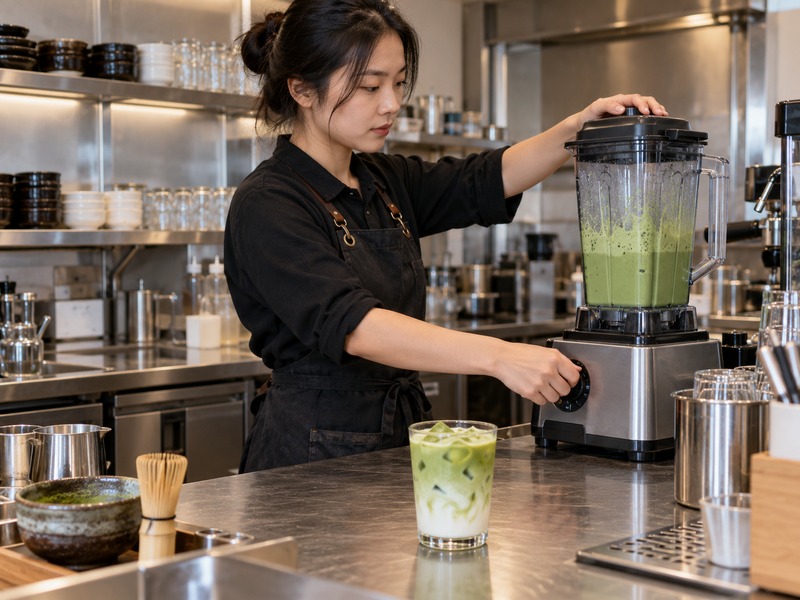 Blended matcha latte beside a commercial blender in a Chinese café test kitchen