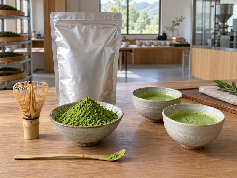Bulk matcha ceremonial sample pouch beside green matcha powder and prepared tasting bowls in a tea factory room
