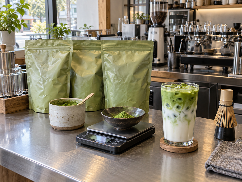 Bulk matcha for coffee shop use stored in unbranded pouches beside a café scale and iced drink