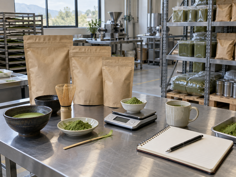 Small business matcha tasting bench with sealed powder samples, scale and finished café drink