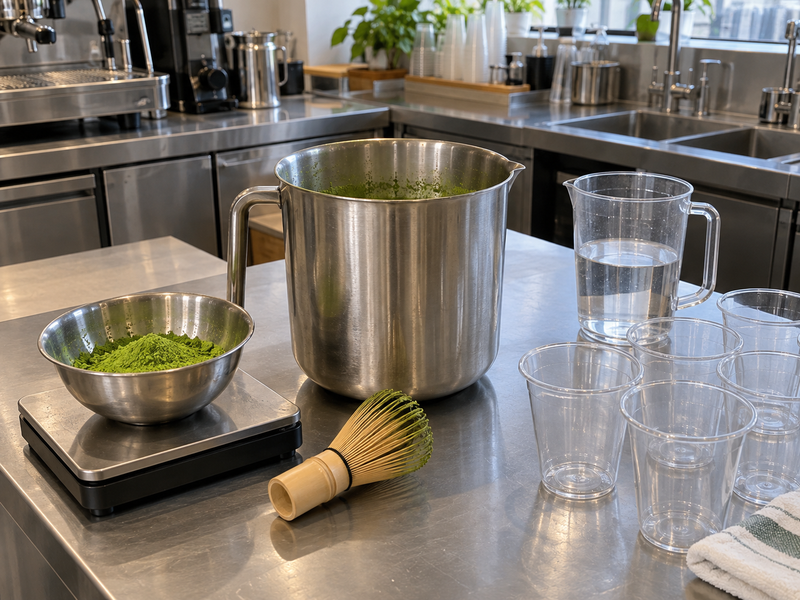 Bulk matcha recipe preparation with weighed powder, a mixing pitcher, water jug, and service cups in a café prep station