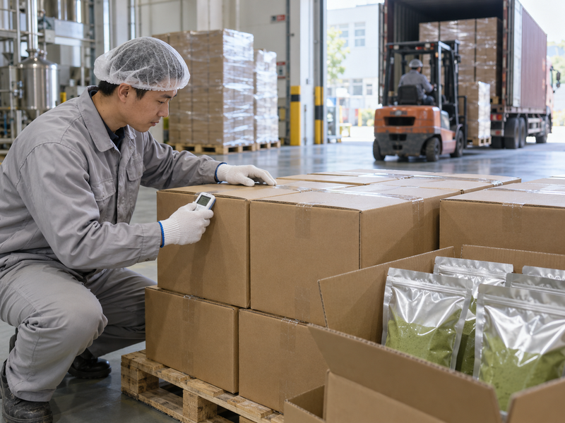 Bulk matcha shipping cartons and sealed pouches checked in a Chinese food ingredient dispatch area