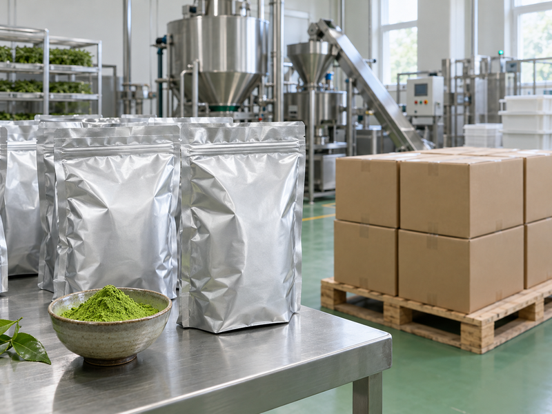 Bulk matcha wholesale pouches and unmarked export cartons in a mainland Chinese factory packing area