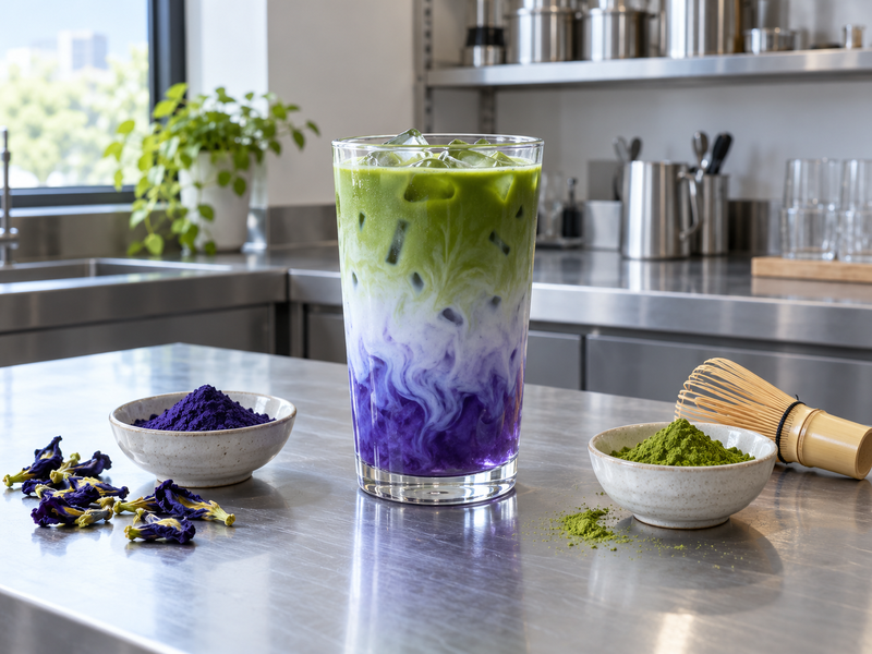 Iced butterfly pea matcha latte beside separate butterfly pea and matcha powder samples in a beverage test kitchen