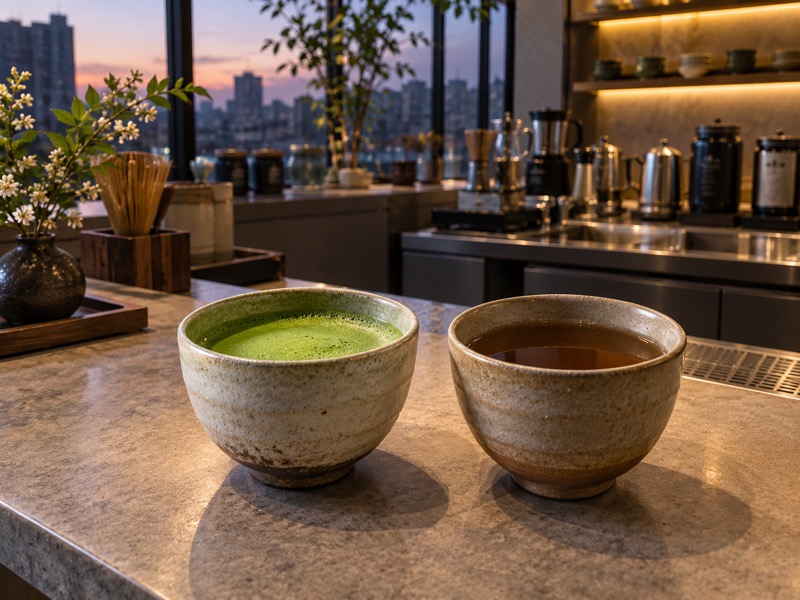 Matcha and roasted tea at a professional café counter in evening light