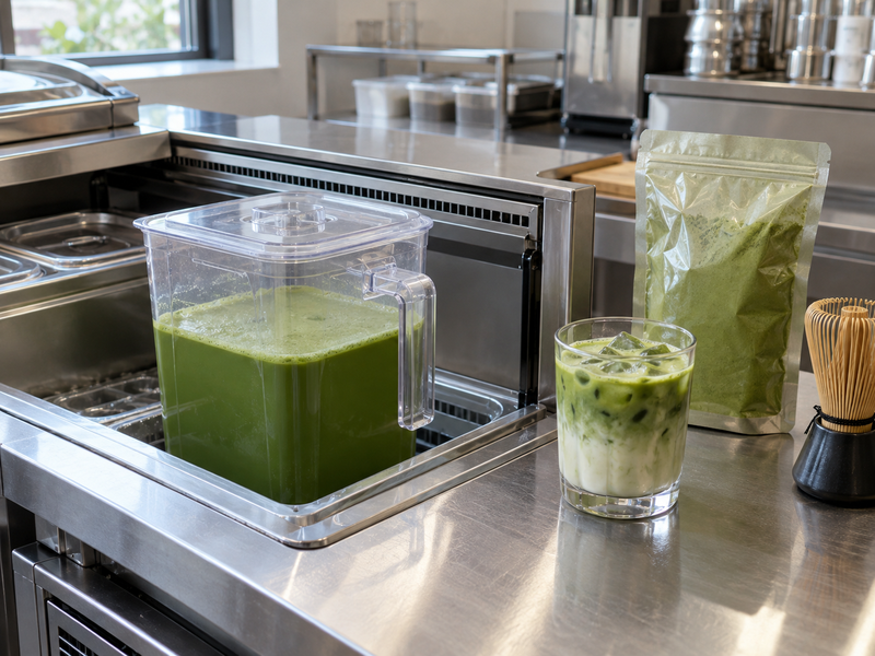 Can you make matcha ahead of time? Covered pitcher of prepared matcha at a café station