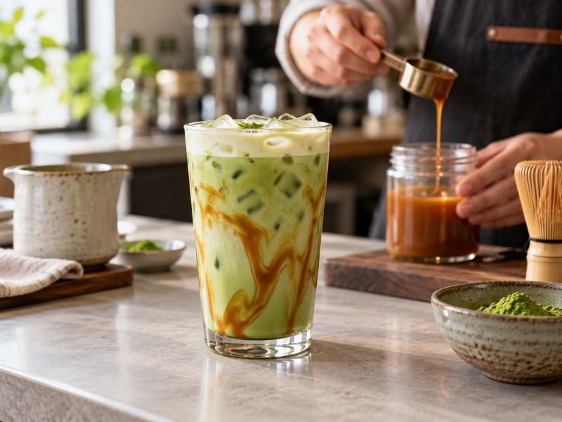 Iced caramel matcha latte with a restrained caramel swirl at a Chinese cafe