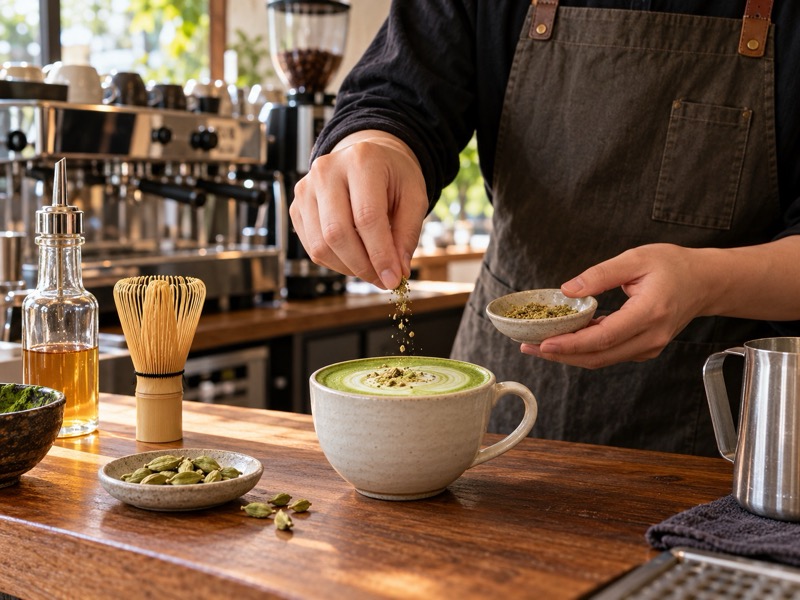Barista preparing a hot cardamom matcha latte at a café counter