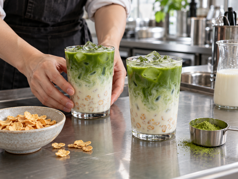 cereal milk matcha commercial development sample in a mainland China pilot kitchen