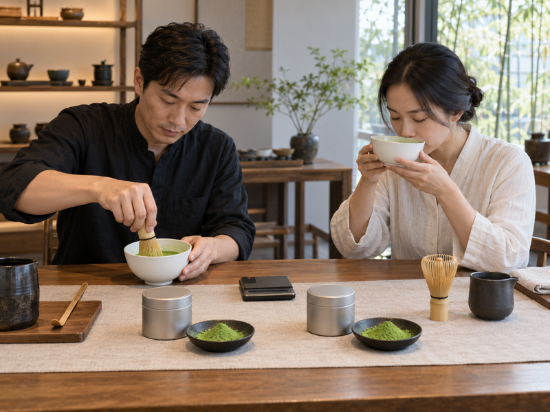 Adult tea buyer evaluates straight matcha samples in a mainland China tasting room