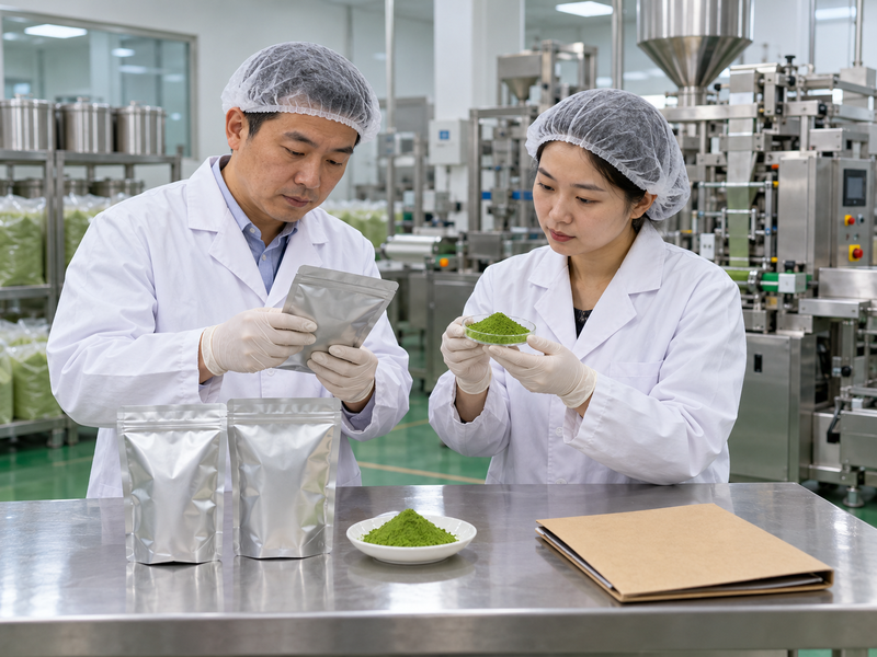 Chinese factory technician checks matcha lot and unbranded organic powder packs