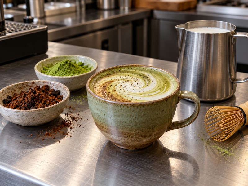 Chaga matcha latte ingredients weighed in a Chinese beverage R&D lab