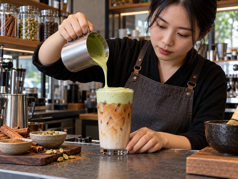 Barista topping a chai latte with matcha cold foam in a café