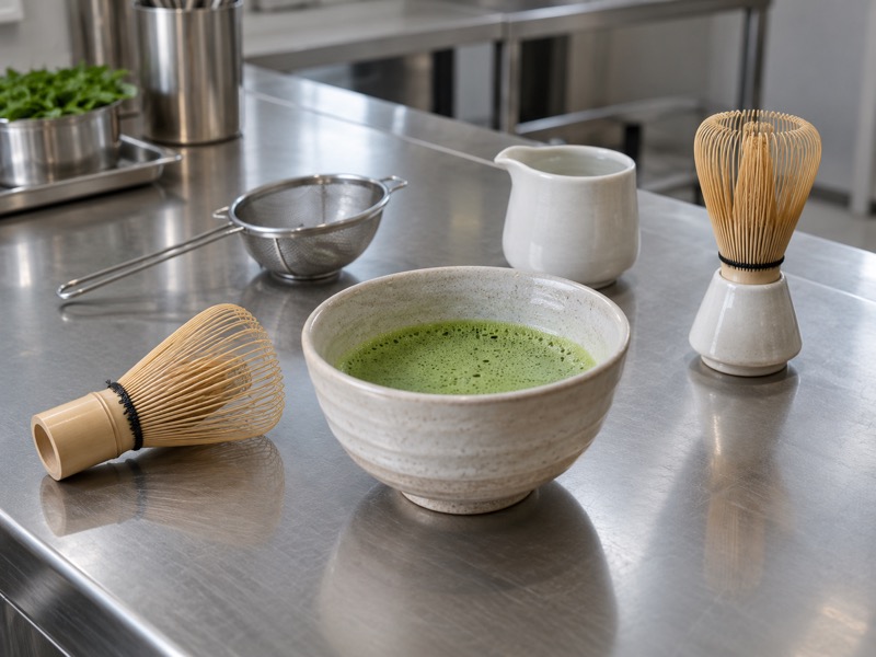 Bamboo chasen whisks and a bowl of matcha in a mainland China tea R&D kitchen
