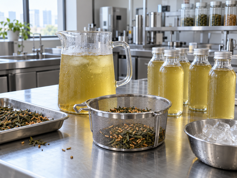 Cold brew genmaicha in a clear pitcher at a beverage development workspace