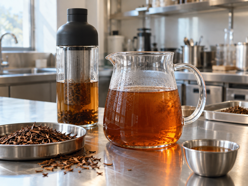 Cold brew hojicha in a commercial tea test kitchen