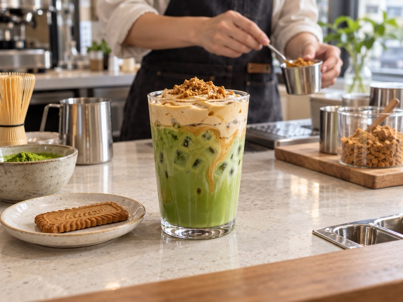 Iced cookie butter matcha latte with a measured cookie cream top at a Chinese cafe