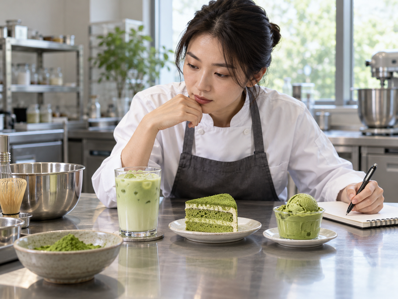 Chinese food developer comparing culinary matcha drink and cake samples in a mainland China pilot kitchen