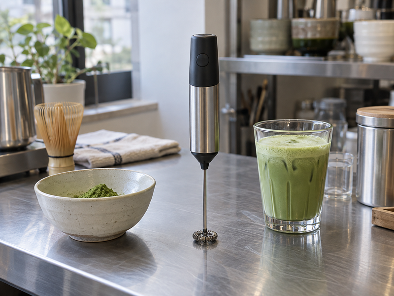 Compact electric matcha maker on a café test bench with matcha powder and a prepared drink