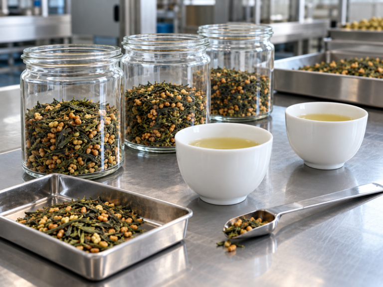 Genmaicha benefits evaluation with tea and roasted rice samples at a factory