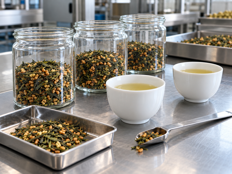 Genmaicha benefits evaluation with tea and roasted rice samples at a factory