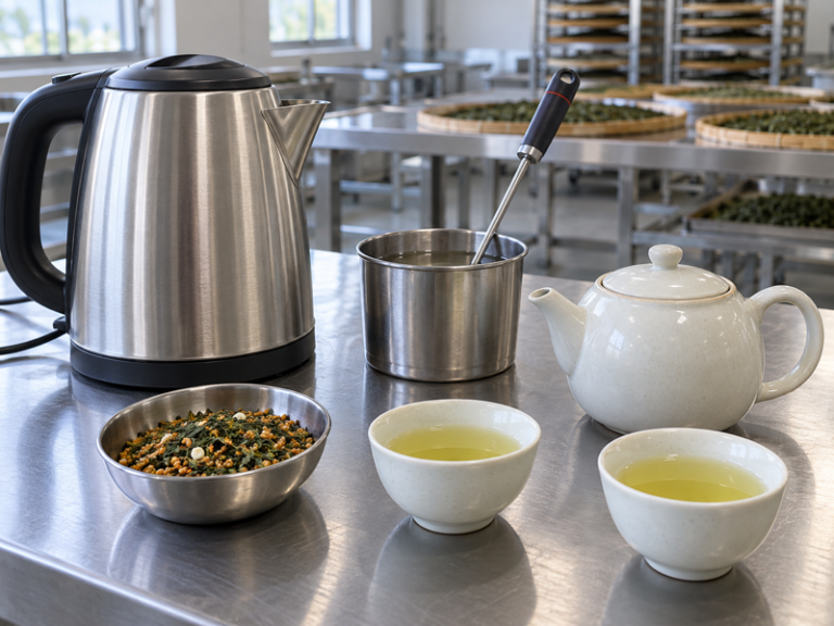 Genmaicha brewing temperature trial at a tea factory tasting station